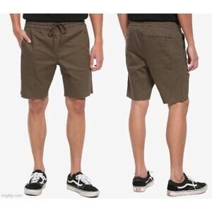 Hot Topic NWT Men's Large HT Denim Brown Jogger Shorts Drawstring Raw Hem